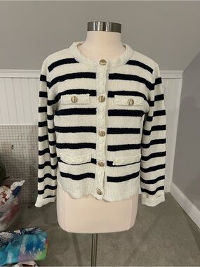 Striped Bouclé Crewneck Cardigan - Black & White